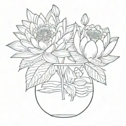two water lily flowers and a chrysanthemum flower in a bulb vase tattoo design idea