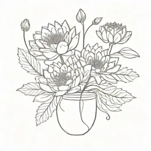 two water lily's and a chrysanthemum in a narrow neck vase tattoo design idea
