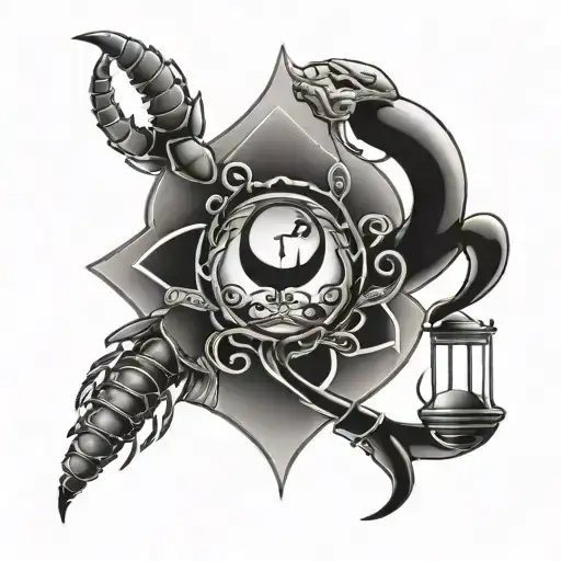 karma word, scorpion, hourglass tattoo design idea