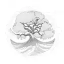 oak tree and waves tattoo design idea