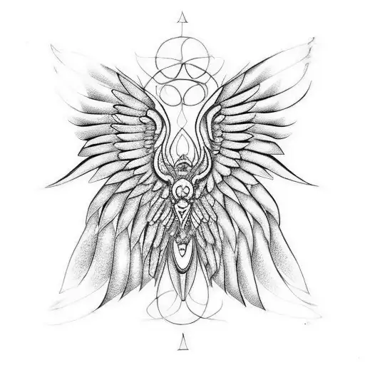 a seraphim, incorporating six angular wings, sacred geometry, and flame-like patterns. tattoo design idea