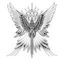 a seraphim, incorporating six angular wings, sacred geometry, and flame-like patterns. with eyes tattoo design idea
