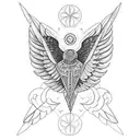 a seraphim, incorporating six angular wings, sacred geometry, and flame-like patterns. with eyes tattoo design idea