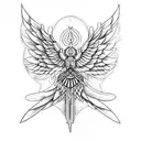a seraphim, incorporating six angular wings, sacred geometry, and flame-like patterns. with eyes tattoo design idea