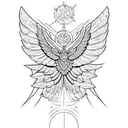 a seraphim, incorporating six angular wings, sacred geometry, and flame-like patterns. tattoo design idea