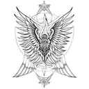 a seraphim, incorporating six angular wings, sacred geometry, and flame-like patterns. tattoo design idea