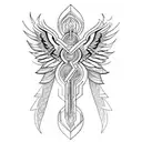 a seraphim, incorporating six angular wings, sacred geometry, and flame-like patterns. tattoo design idea