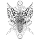 a seraphim, incorporating six angular wings, sacred geometry, and flame-like patterns. tattoo design idea