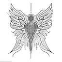 a seraphim, incorporating six angular wings, sacred geometry, and flame-like patterns. tattoo design idea