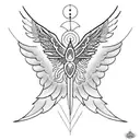 a seraphim, incorporating six angular wings, sacred geometry, and flame-like patterns. tattoo design idea