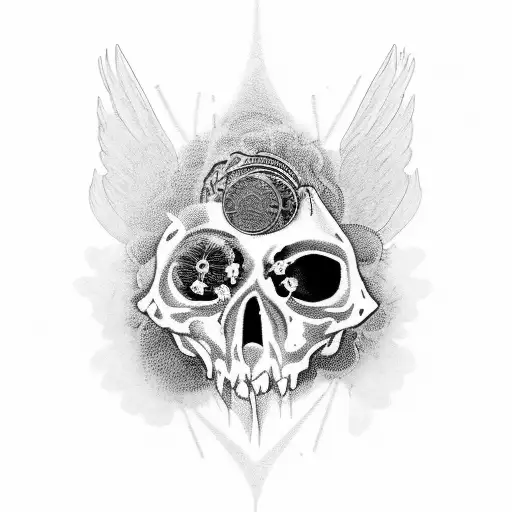 A hauntingly beautiful composition of a raven's silhouette intertwined with intricate memento mori coins tattoo design idea