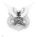 A hauntingly beautiful composition of a raven's silhouette intertwined with intricate memento mori coins tattoo design idea