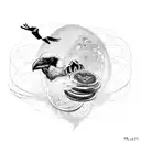 A hauntingly beautiful composition of a raven's silhouette intertwined with intricate memento mori coins tattoo design idea