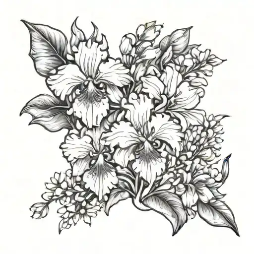 Line drawing with iris, cherry blossom, sweat pea and aster black and white tattoo design idea
