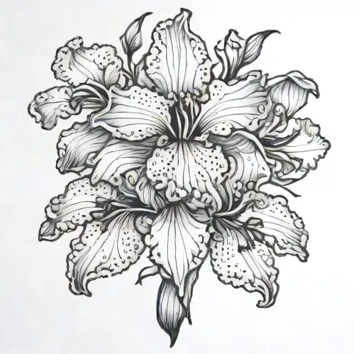 single Line drawing with iris, cherry blossom, sweat pea and aster black and white tattoo design idea