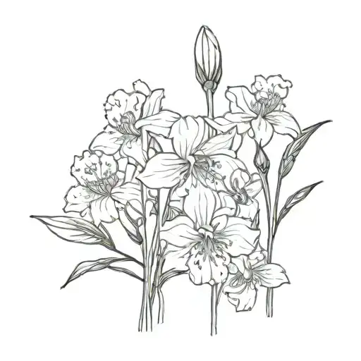 single Line with one iris, one cherry blossom, one sweat pea and one aster black and white tattoo design idea