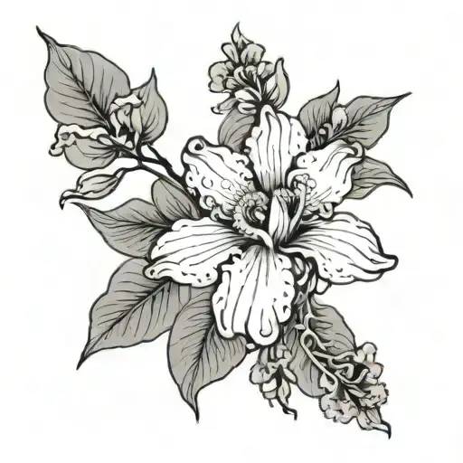 single Line with one iris, one cherry blossom, one sweat pea and one aster black and white tattoo design idea