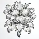 single Line drawing with iris, cherry blossom, sweat pea and aster black and white tattoo design idea