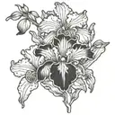 single Line drawing with iris, cherry blossom, sweat pea and aster black and white tattoo design idea