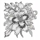 single Line drawing with iris, cherry blossom, sweat pea and aster black and white tattoo design idea