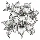 single Line drawing with iris, cherry blossom, sweat pea and aster black and white tattoo design idea