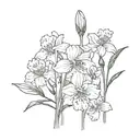 single Line with one iris, one cherry blossom, one sweat pea and one aster black and white tattoo design idea