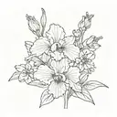 single Line with one iris, one cherry blossom, one sweat pea and one aster black and white tattoo design idea