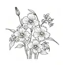 single Line with one iris, one cherry blossom, one sweat pea and one aster black and white tattoo design idea
