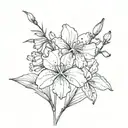 single Line with one iris, one cherry blossom, one sweat pea and one aster black and white tattoo design idea
