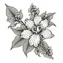 single Line with one iris, one cherry blossom, one sweat pea and one aster black and white tattoo design idea
