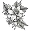single Line with one iris, one cherry blossom, one sweat pea and one aster black and white tattoo design idea
