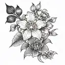 single Line with one iris, one cherry blossom, one sweat pea and one aster black and white tattoo design idea