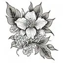 single Line with one iris, one cherry blossom, one sweat pea and one aster black and white tattoo design idea