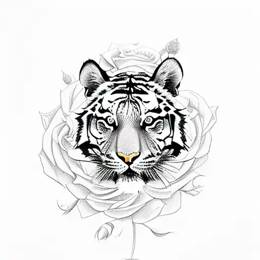 tiger head with roses and timepiece tattoo design idea