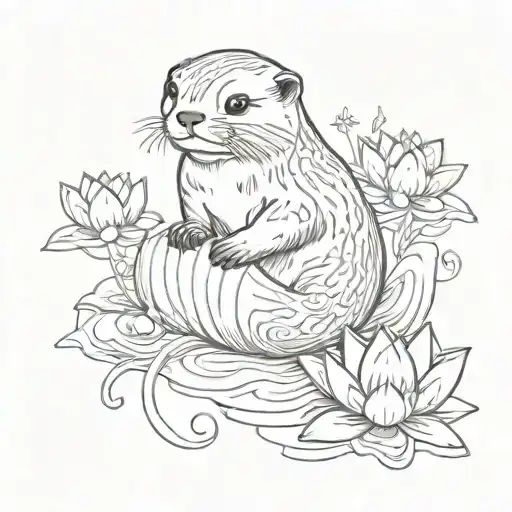 otter holding a lotus tattoo design idea