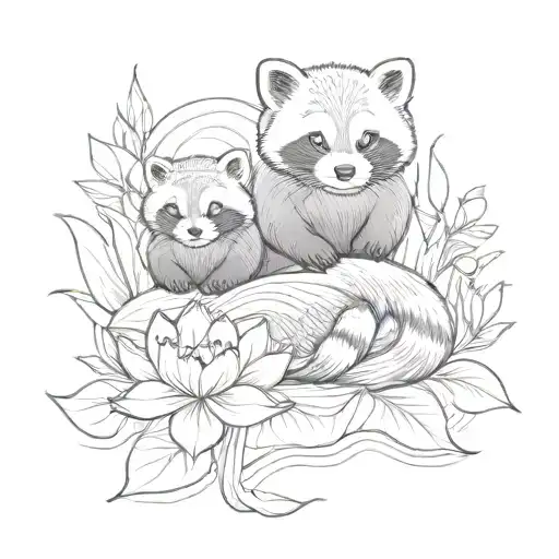 otter and red panda swimming around a lotus tattoo design idea