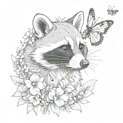 raccoon and butterfly and flowers tattoo design idea