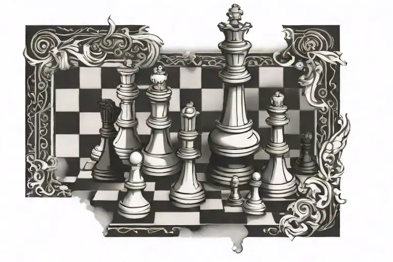 3D chess board with the following pieces in position Black Queen E4 Black Rook F3 White Bishop  tattoo design idea