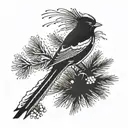 A graceful bird perched on a snow-covered pine tree, blending the beauty of nature with the thrill of skiing tattoo design idea