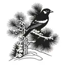 A graceful bird perched on a snow-covered pine tree, blending the beauty of nature with the thrill of skiing tattoo design idea