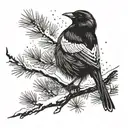 A graceful bird perched on a snow-covered pine tree, blending the beauty of nature with the thrill of skiing tattoo design idea