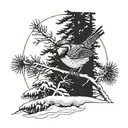 A graceful bird perched on a snow-covered pine tree, blending the beauty of nature with the thrill of skiing tattoo design idea
