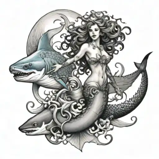 mermaid, shark, and octopus in the ocean  tattoo design idea