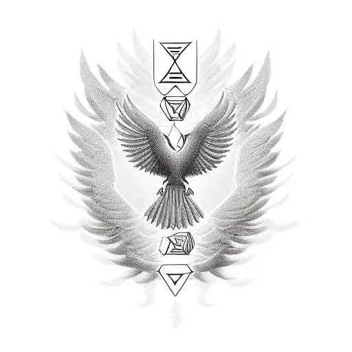 A phoenix silhouette made up of various computer codes and programming symbols, blending the client's love for technology and the mythical bird tattoo design idea