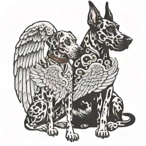 Great Dane dog and cat facing each other with angel wings on each side facing outwards and "forever in my heart" under tattoo design idea