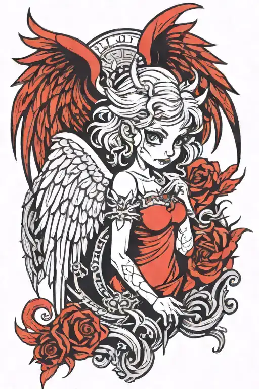 devil girl with angel halo and angel wings made tattoo design idea