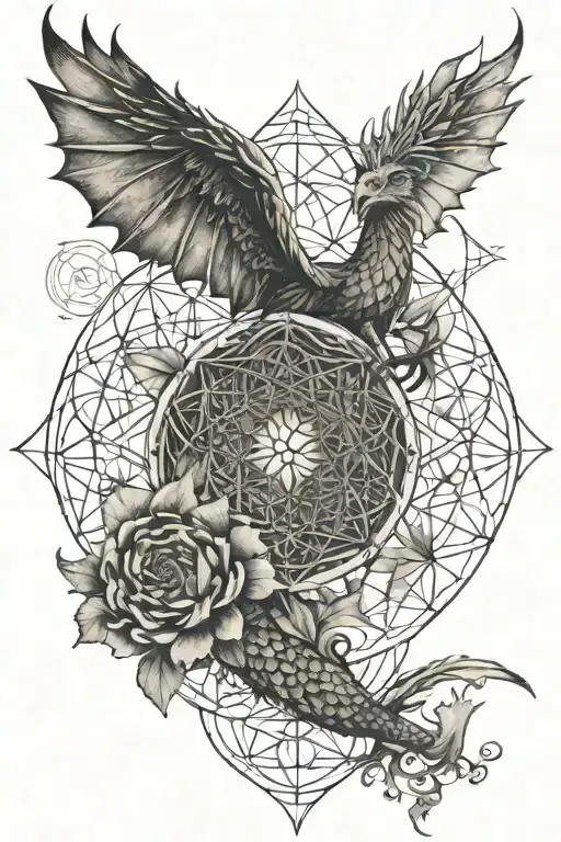 The geometric flower of life with a dragon and phoenix on either side of it  tattoo design idea