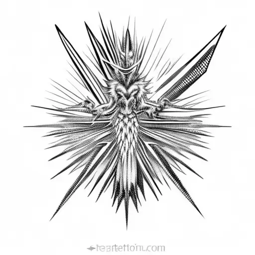 long spiky bat woman with spiky legs, not round shape,  long and thin, asymmetrical, spikes protrude far north and south tattoo design idea