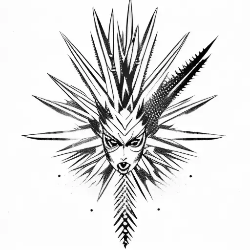 long spiky bat woman with spiky legs, long and thin, asymmetrical, spikes protrude far north and south tattoo design idea