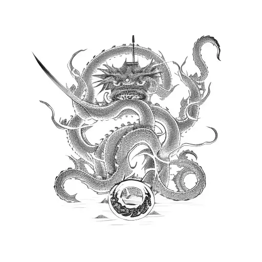 A Japanese Samurai fighting a Kraken and a Dragon tattoo design idea